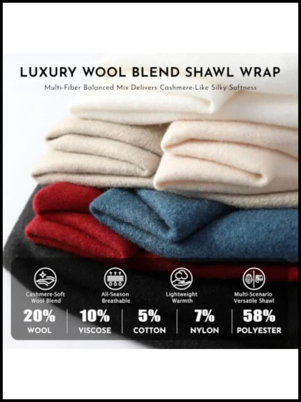 Merino Wool Blend Pashmina Shawl Wrap Soft Tassel Scarf Oversized Travel